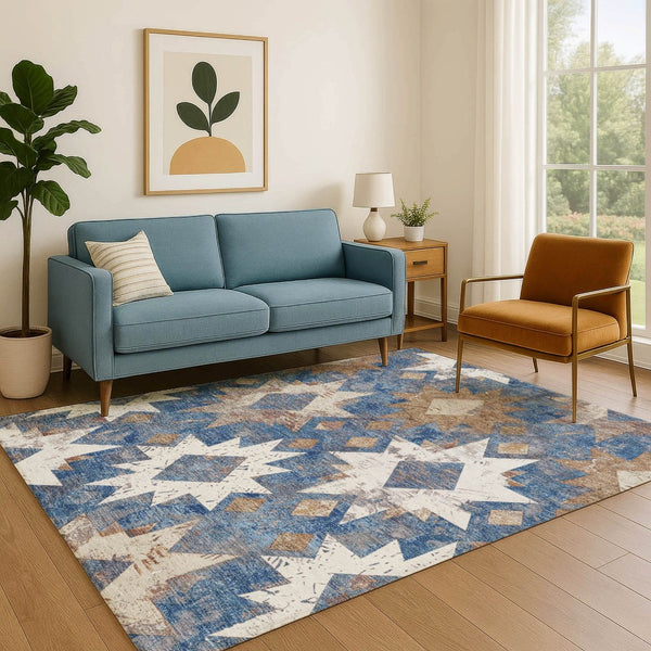 HomeRoots 8' X 10' Southwestern Washable Area Rug in Blue, Brown & Ivory - UV Protected, Stain Resistant Design 706641