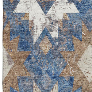 HomeRoots 8' X 10' Southwestern Washable Area Rug in Blue, Brown & Ivory - UV Protected, Stain Resistant Design 706641