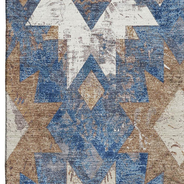 HomeRoots 8' X 10' Southwestern Washable Area Rug in Blue, Brown & Ivory - UV Protected, Stain Resistant Design 706641