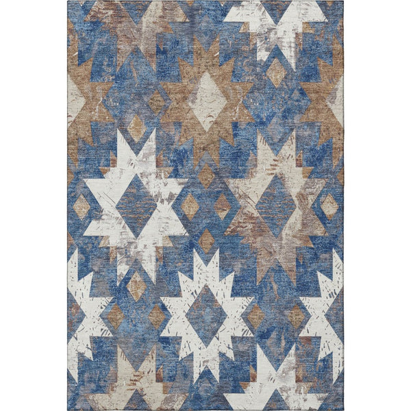 HomeRoots 8' X 10' Southwestern Washable Area Rug in Blue, Brown & Ivory - UV Protected, Stain Resistant Design 706641