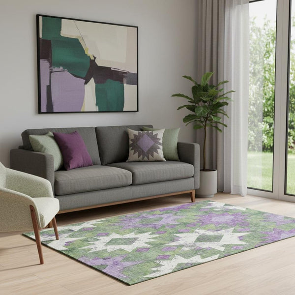 HomeRoots 5' X 8' Southwestern Washable Area Rug - Vibrant Green, Purple & Ivory with UV Protection & Style 706645