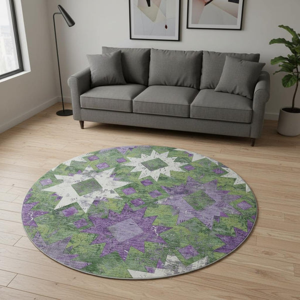 HomeRoots 8' Southwestern Washable Round Rug in Green, Purple & Ivory - Durable, UV Protected & Stain Resistant 706646