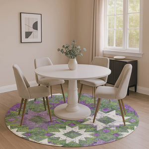 HomeRoots 8' Southwestern Washable Round Rug in Green, Purple & Ivory - Durable, UV Protected & Stain Resistant 706646