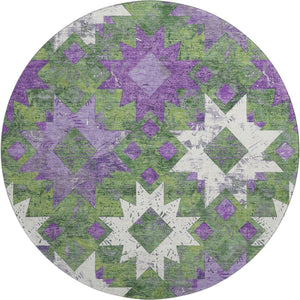 HomeRoots 8' Southwestern Washable Round Rug in Green, Purple & Ivory - Durable, UV Protected & Stain Resistant 706646