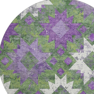 HomeRoots 8' Southwestern Washable Round Rug in Green, Purple & Ivory - Durable, UV Protected & Stain Resistant 706646