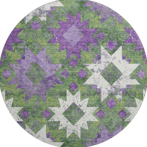 HomeRoots 8' Southwestern Washable Round Rug in Green, Purple & Ivory - Durable, UV Protected & Stain Resistant 706646