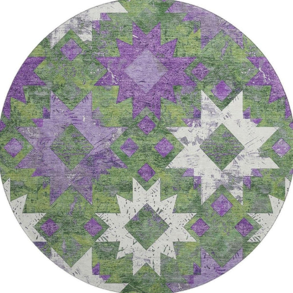HomeRoots 8' Southwestern Washable Round Rug in Green, Purple & Ivory - Durable, UV Protected & Stain Resistant 706646