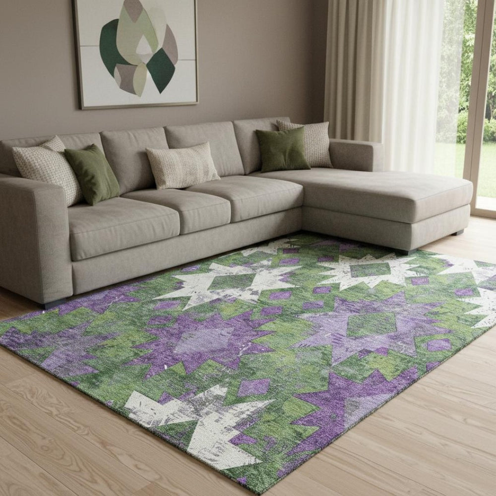 HomeRoots 8' X 10' Southwestern Area Rug in Green, Purple & Ivory - Washable, UV-Protected, Stain-Resistant! 706647