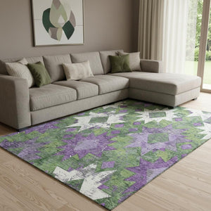 HomeRoots 8' X 10' Southwestern Area Rug in Green, Purple & Ivory - Washable, UV-Protected, Stain-Resistant! 706647