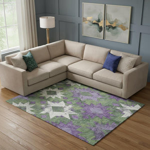HomeRoots 9' Southwestern Area Rug in Green, Purple & Ivory - Washable, UV-Protected, Stain-Resistant Design 706648