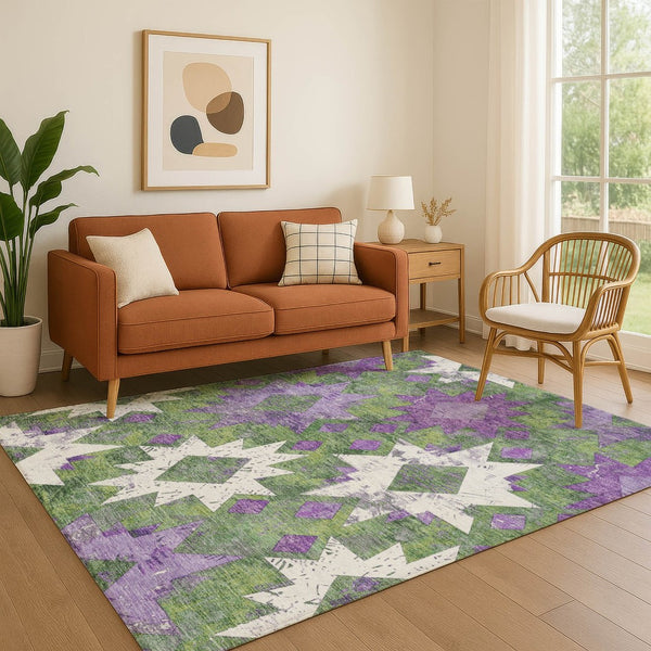 HomeRoots 9' Southwestern Area Rug in Green, Purple & Ivory - Washable, UV-Protected, Stain-Resistant Design 706648