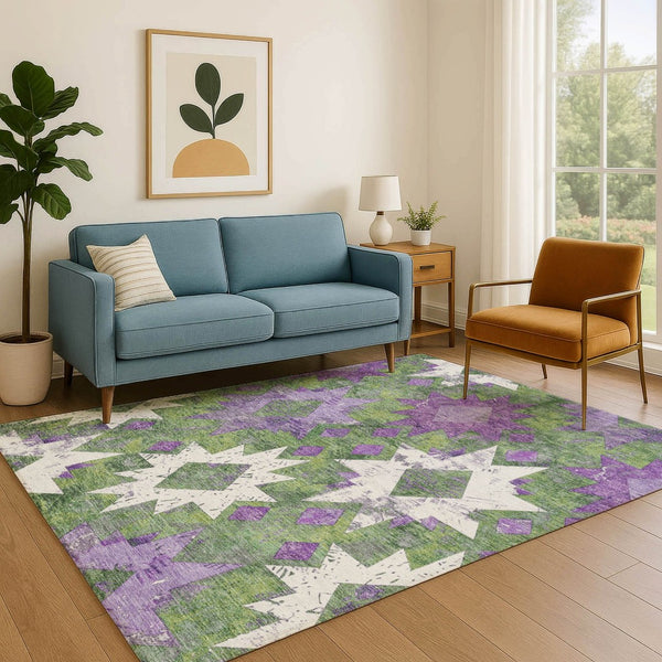 HomeRoots 9' Southwestern Area Rug in Green, Purple & Ivory - Washable, UV-Protected, Stain-Resistant Design 706648