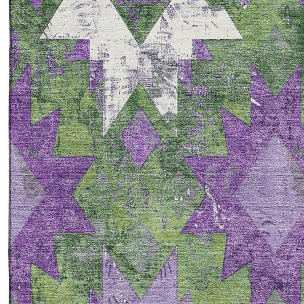 HomeRoots 9' Southwestern Area Rug in Green, Purple & Ivory - Washable, UV-Protected, Stain-Resistant Design 706648