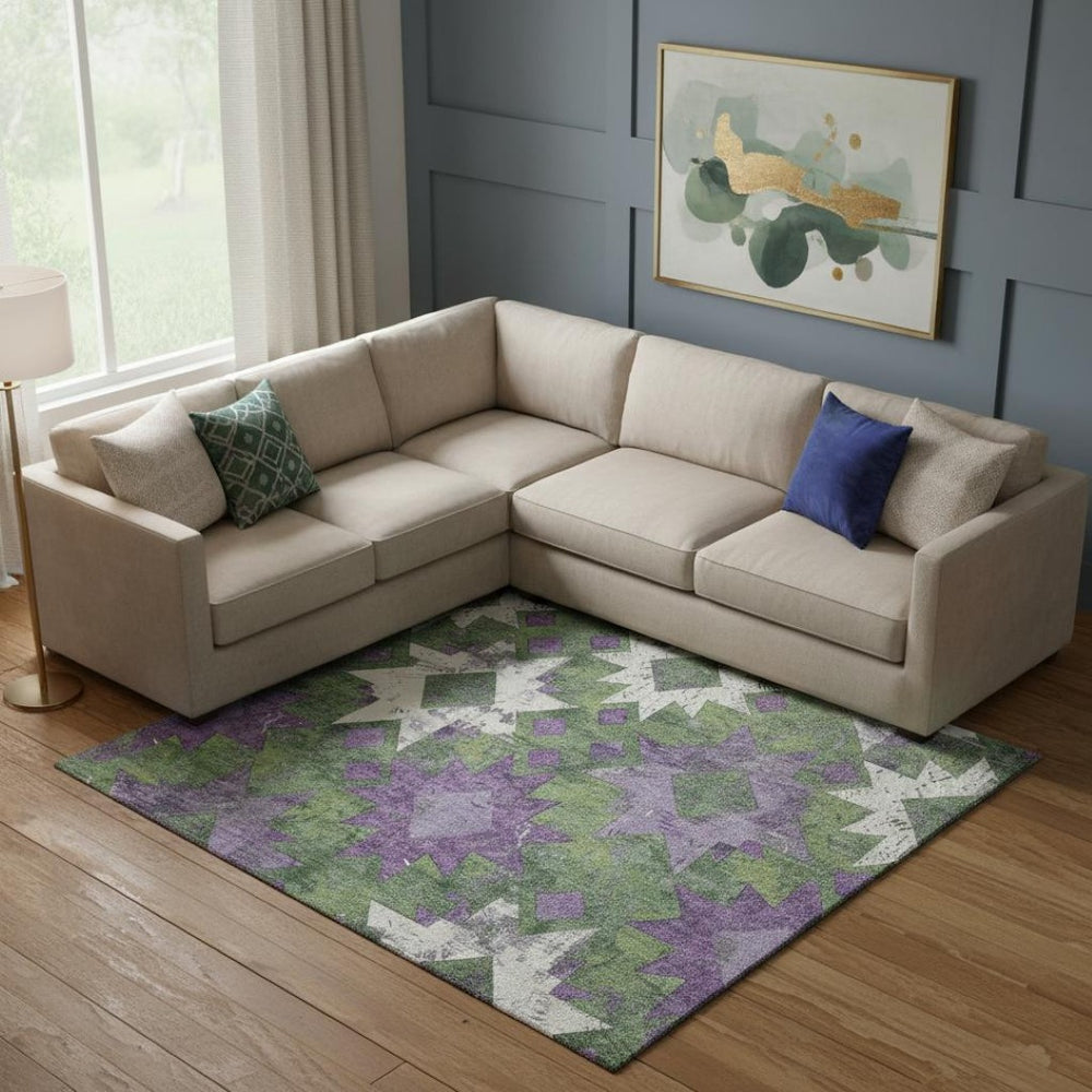 HomeRoots 10' X 14' Southwestern Area Rug in Green, Purple & Ivory - Washable, UV Protection & Non-Slip Backing 706649
