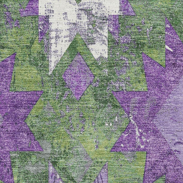 HomeRoots 10' X 14' Southwestern Area Rug in Green, Purple & Ivory - Washable, UV Protection & Non-Slip Backing 706649