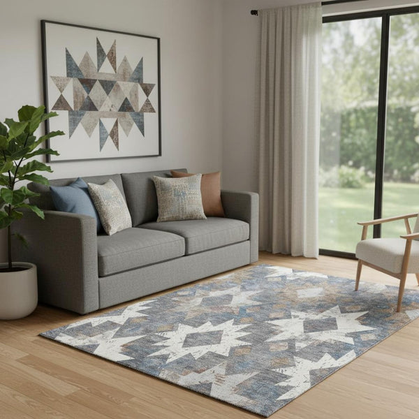 HomeRoots 5' X 8' Gray Brown Ivory Southwestern Washable Area Rug – Durable, Stain-Resistant, UV Protected! 706651
