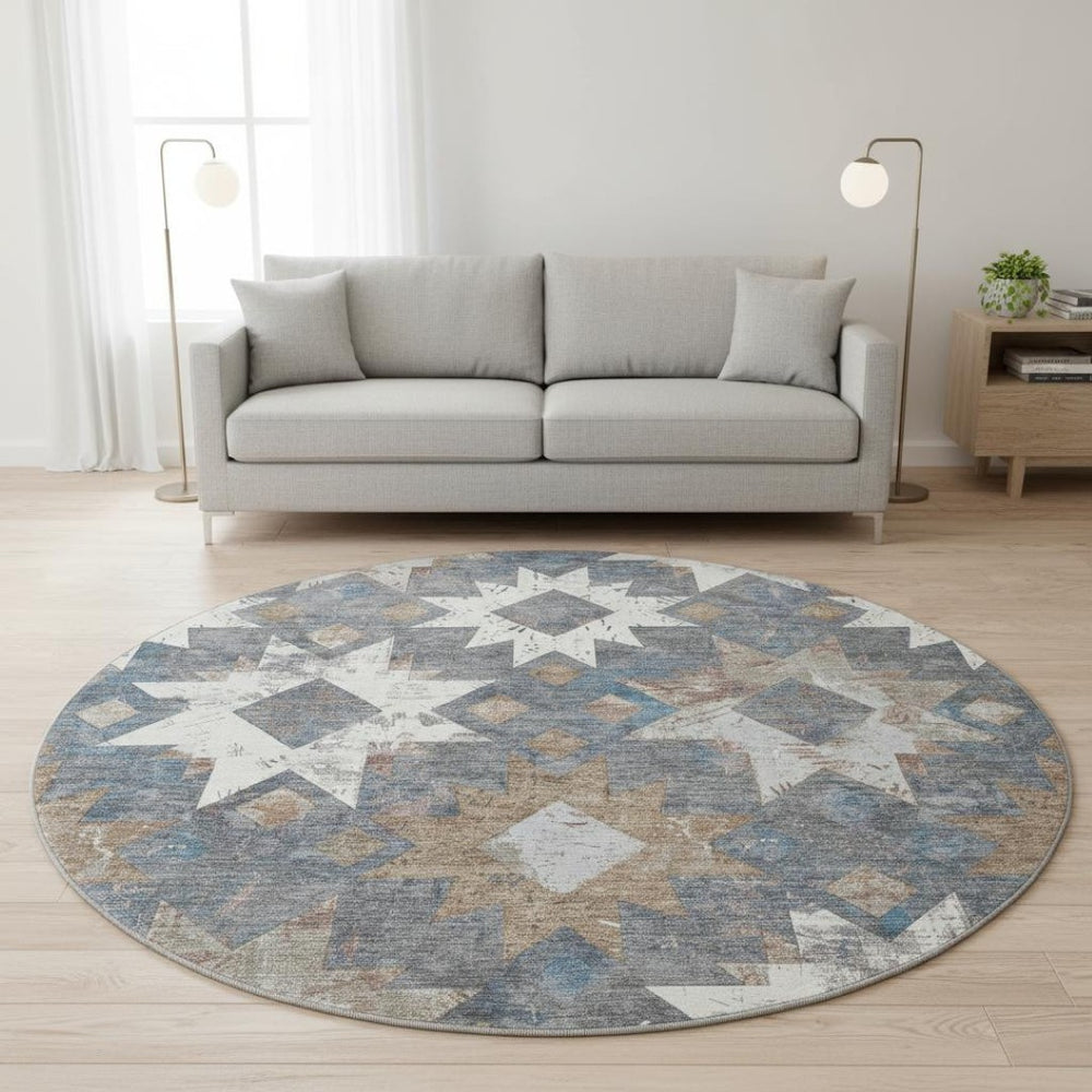 HomeRoots 8' Gray Brown and Ivory Southwestern Washable Round Rug - Durable, UV Protected, Stain Resistant Design 706652