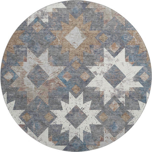 HomeRoots 8' Gray Brown and Ivory Southwestern Washable Round Rug - Durable, UV Protected, Stain Resistant Design 706652