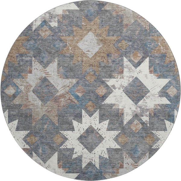 HomeRoots 8' Gray Brown and Ivory Southwestern Washable Round Rug - Durable, UV Protected, Stain Resistant Design 706652