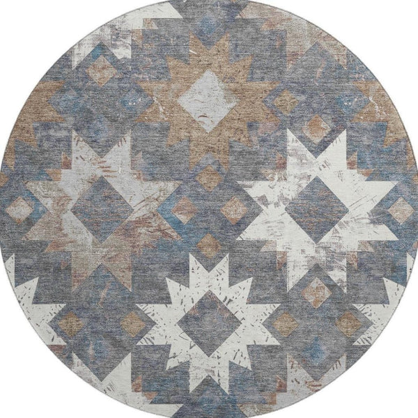 HomeRoots 8' Gray Brown and Ivory Southwestern Washable Round Rug - Durable, UV Protected, Stain Resistant Design 706652