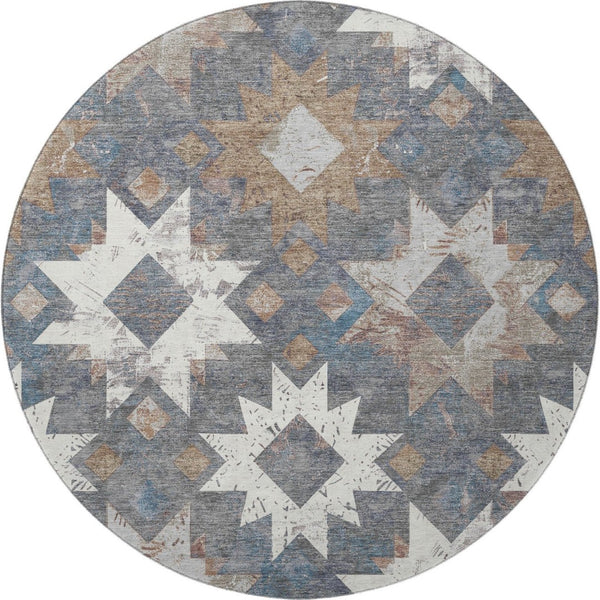 HomeRoots 8' Gray Brown and Ivory Southwestern Washable Round Rug - Durable, UV Protected, Stain Resistant Design 706652