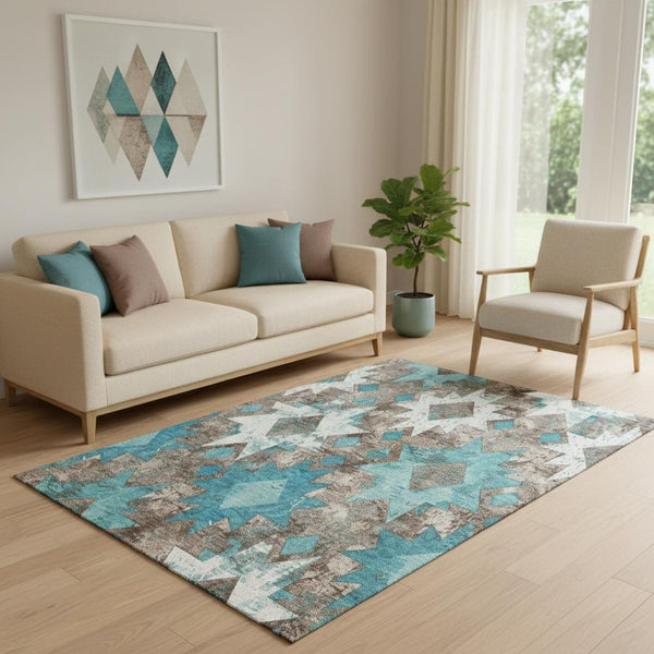 HomeRoots 5' X 8' Stylish Teal Taupe Ivory Southwestern Area Rug - Washable, UV Protected & Non-Slip Design 706657