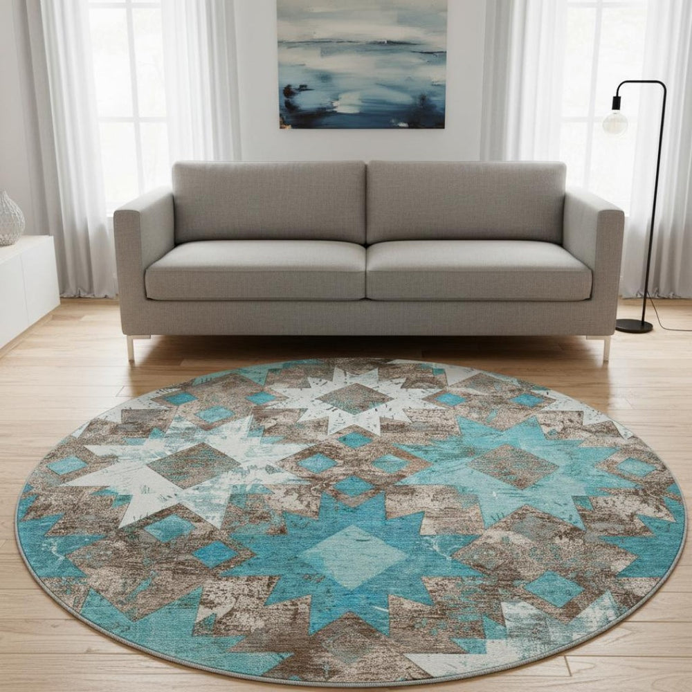 HomeRoots 8' Teal Taupe Ivory Southwestern Round Rug - Washable, UV Protected, Durable for High-Traffic Areas 706658