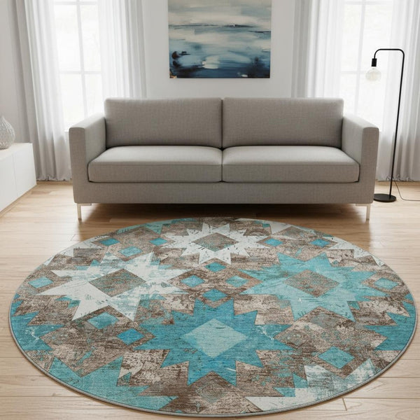 HomeRoots 8' Teal Taupe Ivory Southwestern Round Rug - Washable, UV Protected, Durable for High-Traffic Areas 706658