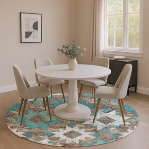 HomeRoots 8' Teal Taupe Ivory Southwestern Round Rug - Washable, UV Protected, Durable for High-Traffic Areas 706658