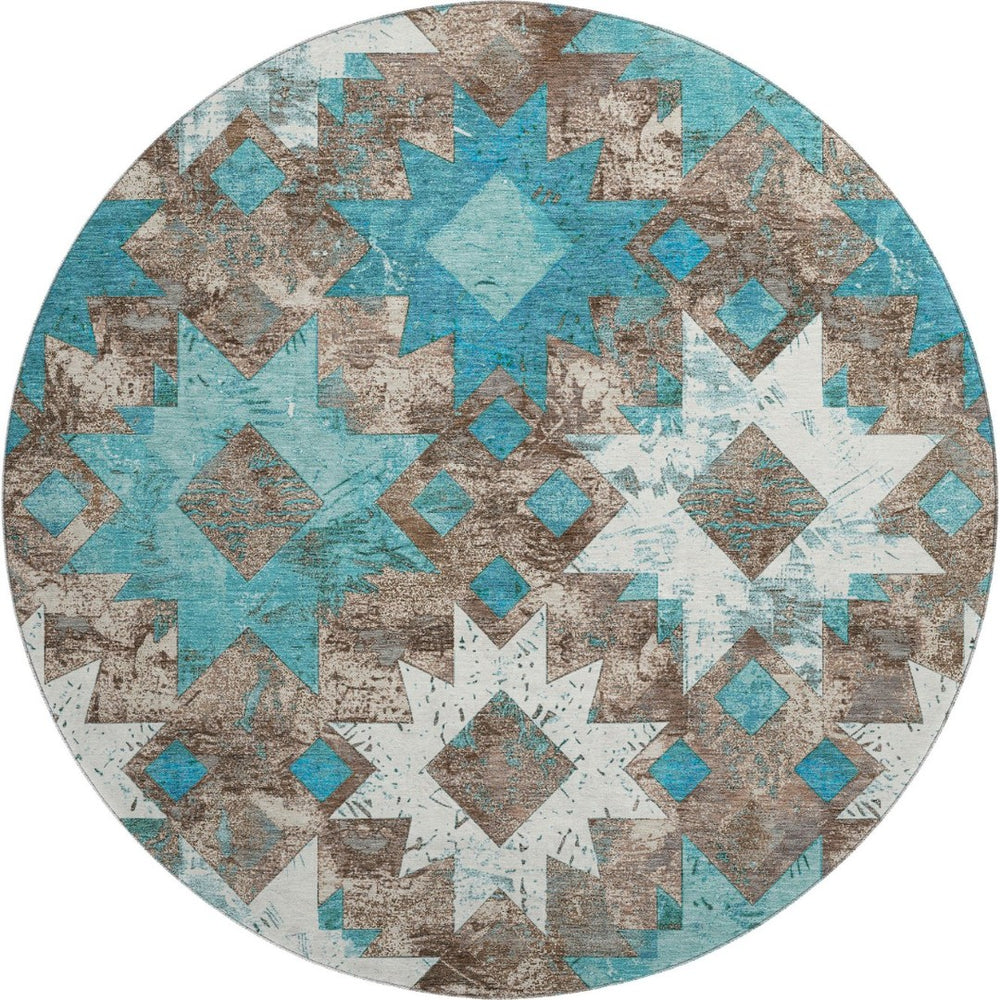 HomeRoots 8' Teal Taupe Ivory Southwestern Round Rug - Washable, UV Protected, Durable for High-Traffic Areas 706658
