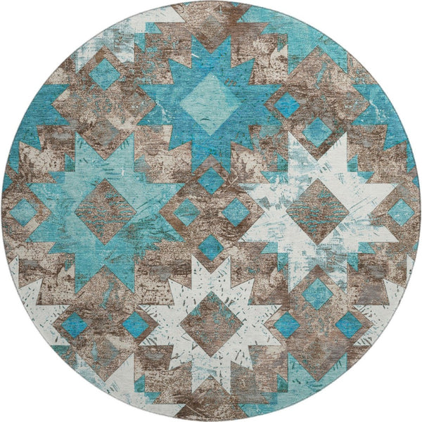 HomeRoots 8' Teal Taupe Ivory Southwestern Round Rug - Washable, UV Protected, Durable for High-Traffic Areas 706658