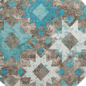 HomeRoots 8' Teal Taupe Ivory Southwestern Round Rug - Washable, UV Protected, Durable for High-Traffic Areas 706658