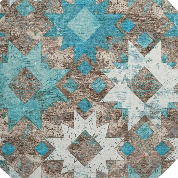 HomeRoots 8' Teal Taupe Ivory Southwestern Round Rug - Washable, UV Protected, Durable for High-Traffic Areas 706658