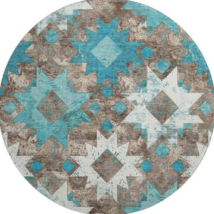 HomeRoots 8' Teal Taupe Ivory Southwestern Round Rug - Washable, UV Protected, Durable for High-Traffic Areas 706658