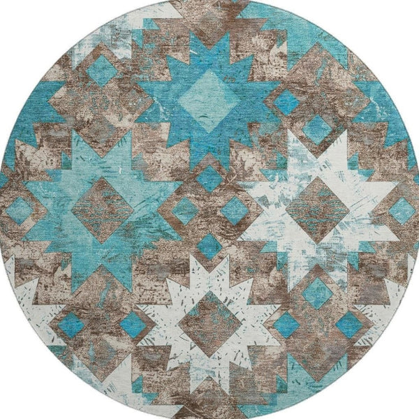 HomeRoots 8' Teal Taupe Ivory Southwestern Round Rug - Washable, UV Protected, Durable for High-Traffic Areas 706658
