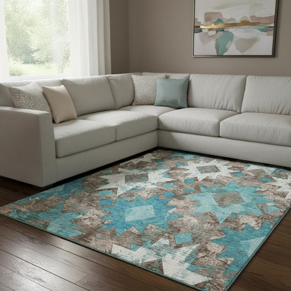 HomeRoots 8' X 10' Southwestern Washable Area Rug in Teal, Taupe & Ivory - Durable, UV-Protected & Stylish! 706659