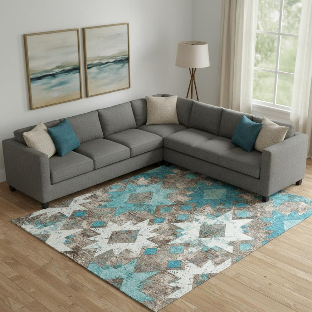 HomeRoots 9' X 12' Southwestern Washable Area Rug in Teal, Taupe & Ivory - UV Protected, Stain Resistant, Durable! 706660