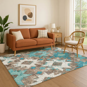 HomeRoots 9' X 12' Southwestern Washable Area Rug in Teal, Taupe & Ivory - UV Protected, Stain Resistant, Durable! 706660