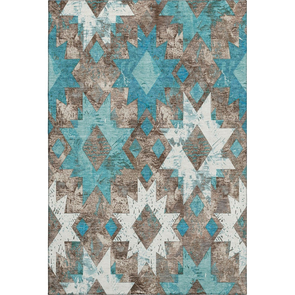 HomeRoots 9' X 12' Southwestern Washable Area Rug in Teal, Taupe & Ivory - UV Protected, Stain Resistant, Durable! 706660