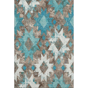 HomeRoots 9' X 12' Southwestern Washable Area Rug in Teal, Taupe & Ivory - UV Protected, Stain Resistant, Durable! 706660