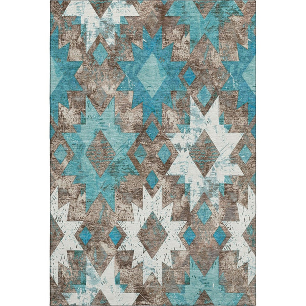 HomeRoots 9' X 12' Southwestern Washable Area Rug in Teal, Taupe & Ivory - UV Protected, Stain Resistant, Durable! 706660