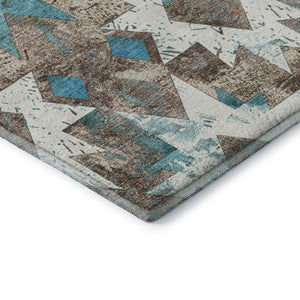 HomeRoots 9' X 12' Southwestern Washable Area Rug in Teal, Taupe & Ivory - UV Protected, Stain Resistant, Durable! 706660