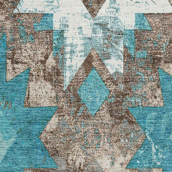 HomeRoots 9' X 12' Southwestern Washable Area Rug in Teal, Taupe & Ivory - UV Protected, Stain Resistant, Durable! 706660