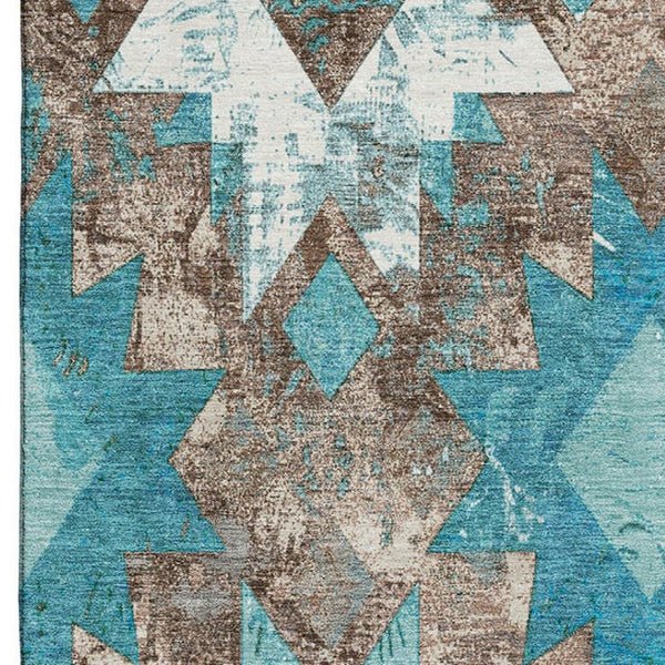 HomeRoots 9' X 12' Southwestern Washable Area Rug in Teal, Taupe & Ivory - UV Protected, Stain Resistant, Durable! 706660