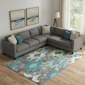 HomeRoots 10' X 14' Southwestern Washable Area Rug in Teal, Taupe & Ivory - UV Protection, Durable & Stylish! 706661
