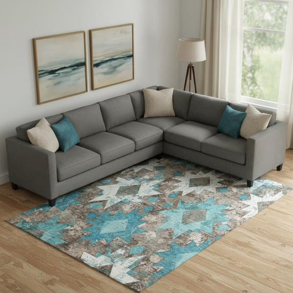 HomeRoots 10' X 14' Southwestern Washable Area Rug in Teal, Taupe & Ivory - UV Protection, Durable & Stylish! 706661