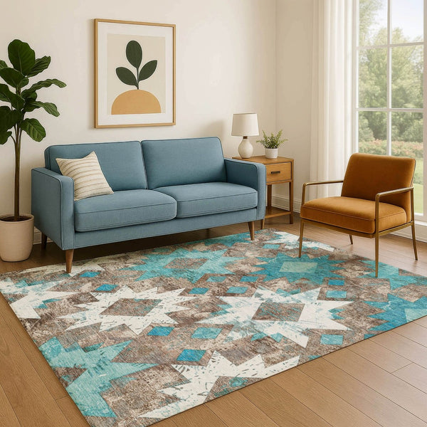 HomeRoots 10' X 14' Southwestern Washable Area Rug in Teal, Taupe & Ivory - UV Protection, Durable & Stylish! 706661