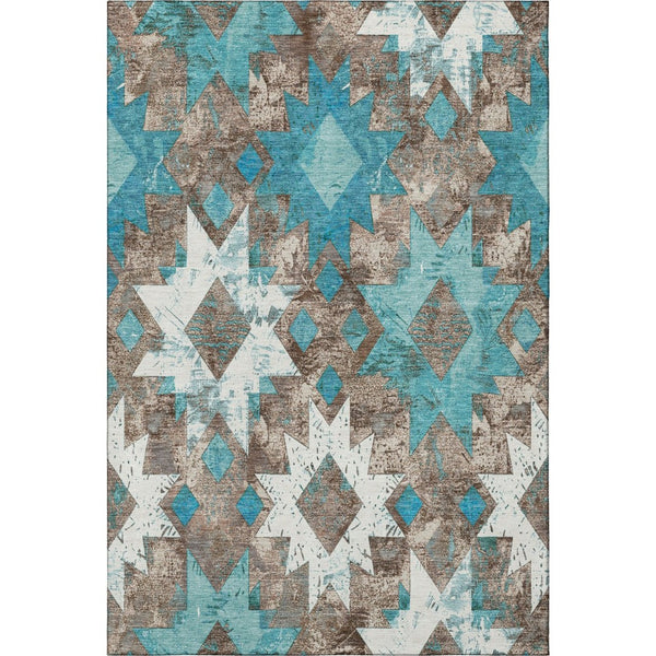HomeRoots 10' X 14' Southwestern Washable Area Rug in Teal, Taupe & Ivory - UV Protection, Durable & Stylish! 706661