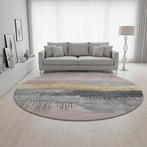 HomeRoots 8' Blush Gold & Ivory Abstract Round Rug - Washable, UV Protected, Stylish & Durable for Homes 706664