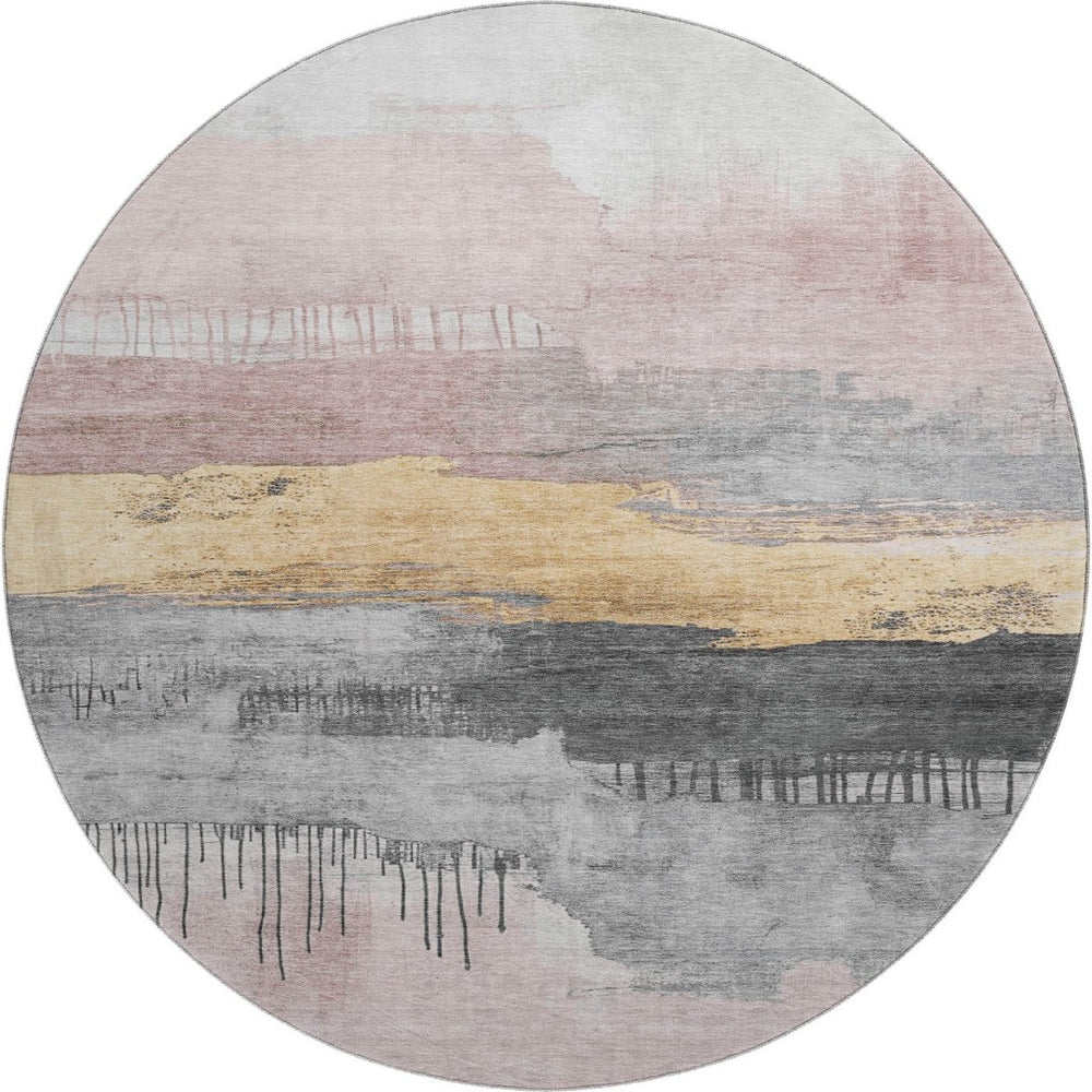 HomeRoots 8' Blush Gold & Ivory Abstract Round Rug - Washable, UV Protected, Stylish & Durable for Homes 706664